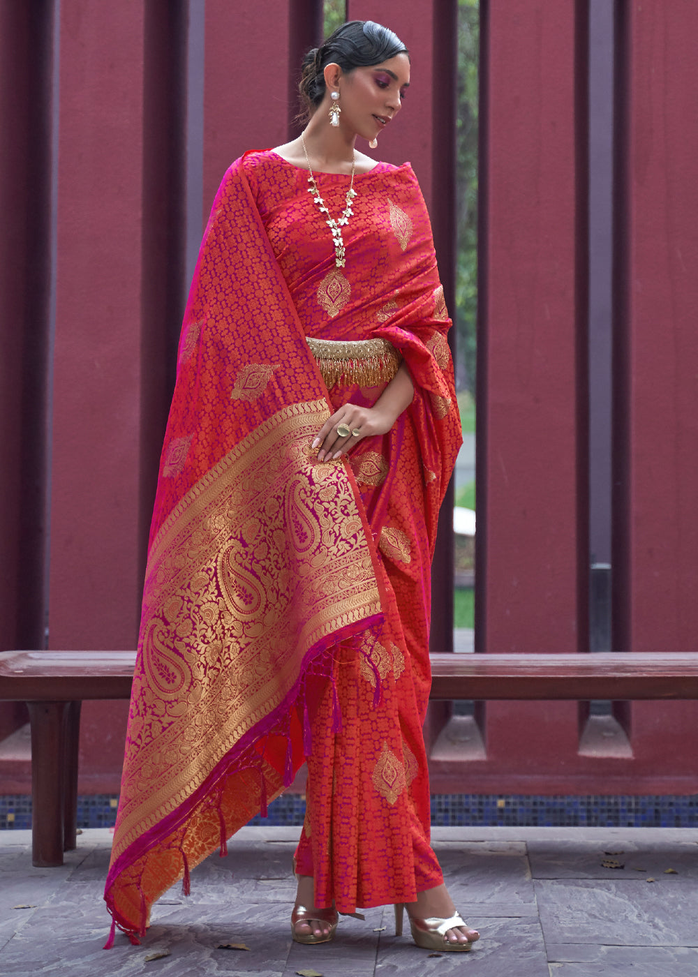 Red Woven Banarasi Satin Silk Saree