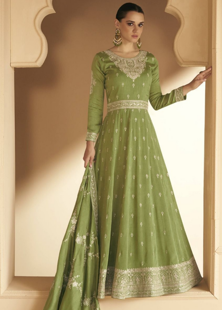 Stunning Green Designer Embroidery Silk Gown With Duppata