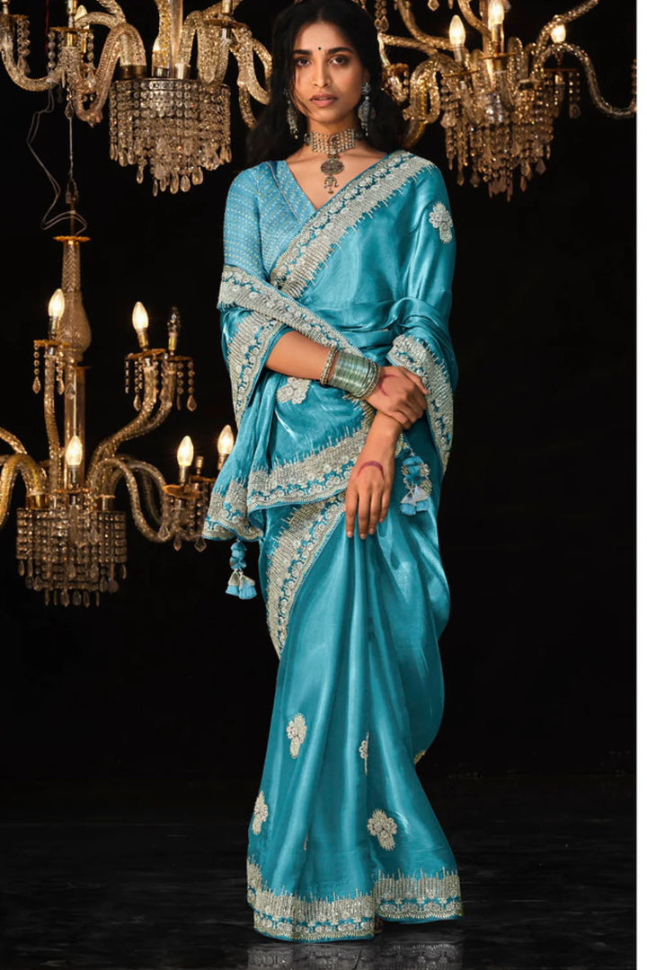 Pacific Blue Tissue Embroidery Designer Saree