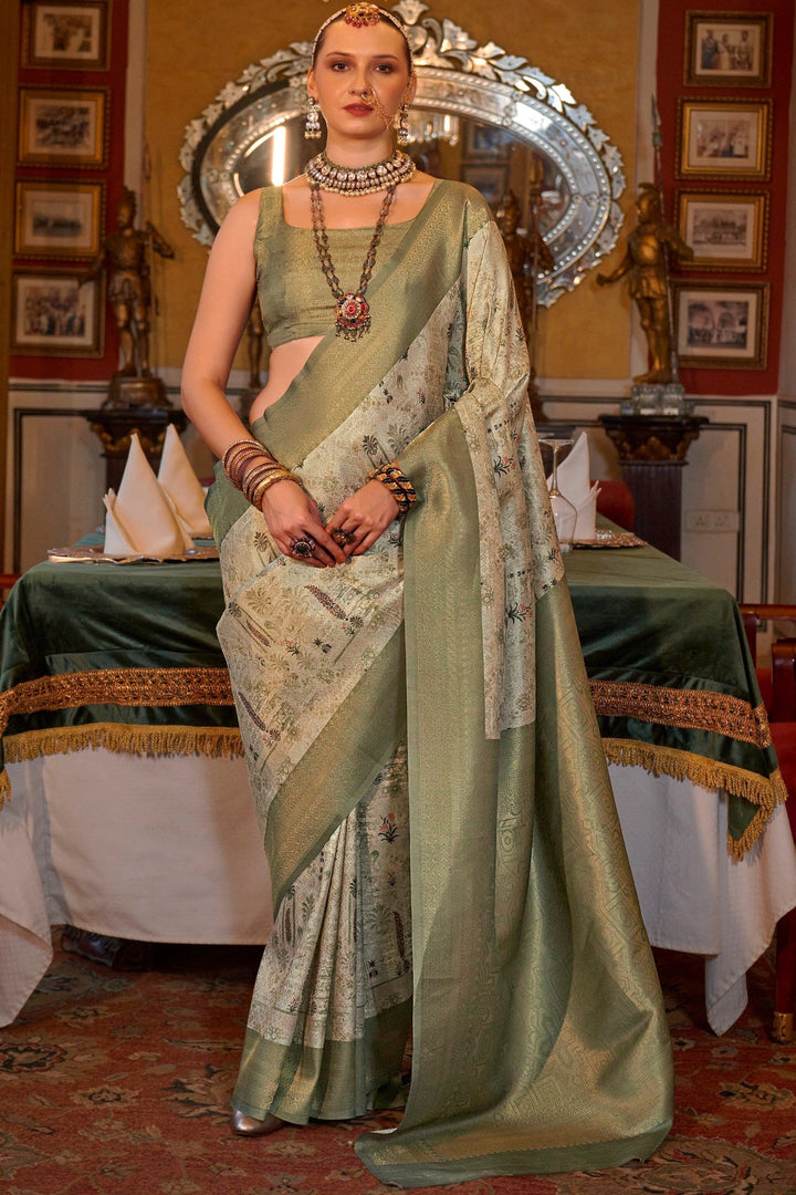 Mahendi Green And Cream Digital Printed Silk Saree