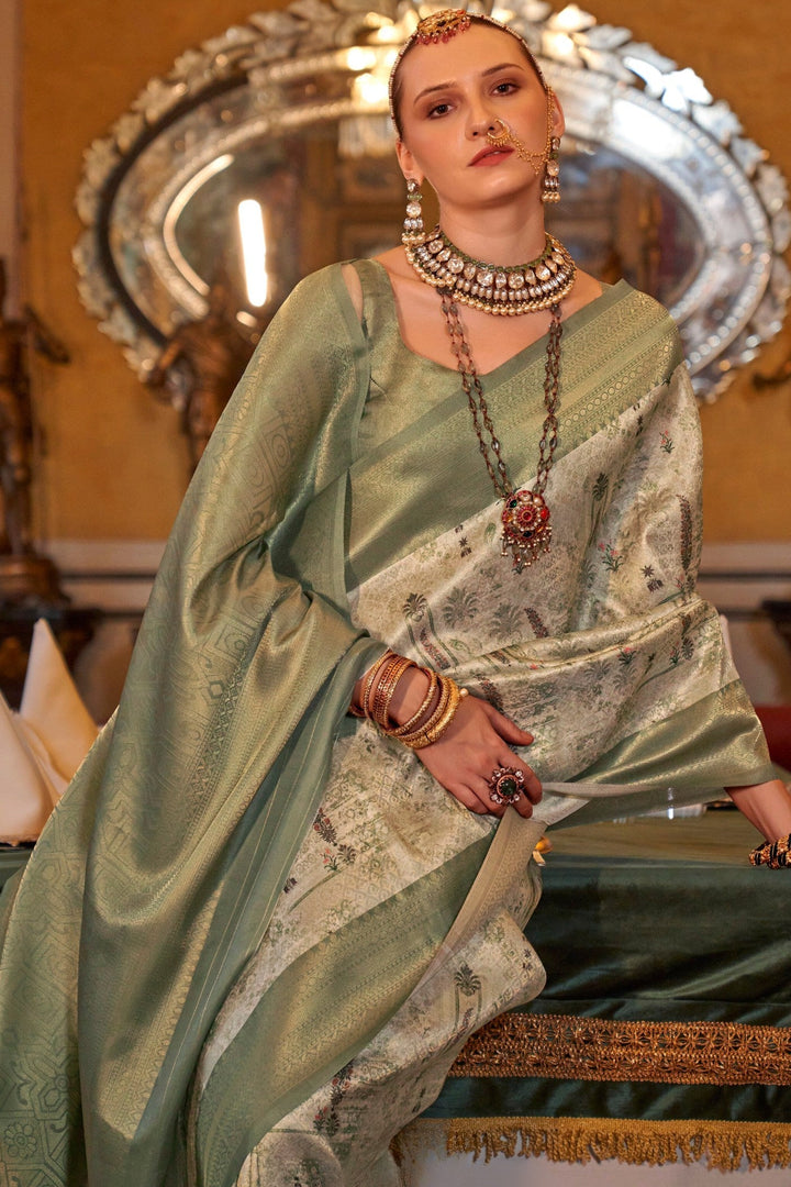 Mahendi Green And Cream Digital Printed Silk Saree