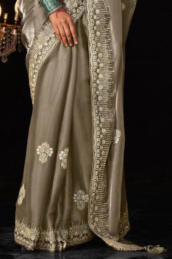 Gold Shade Brown Tissue Embroidery Designer Saree