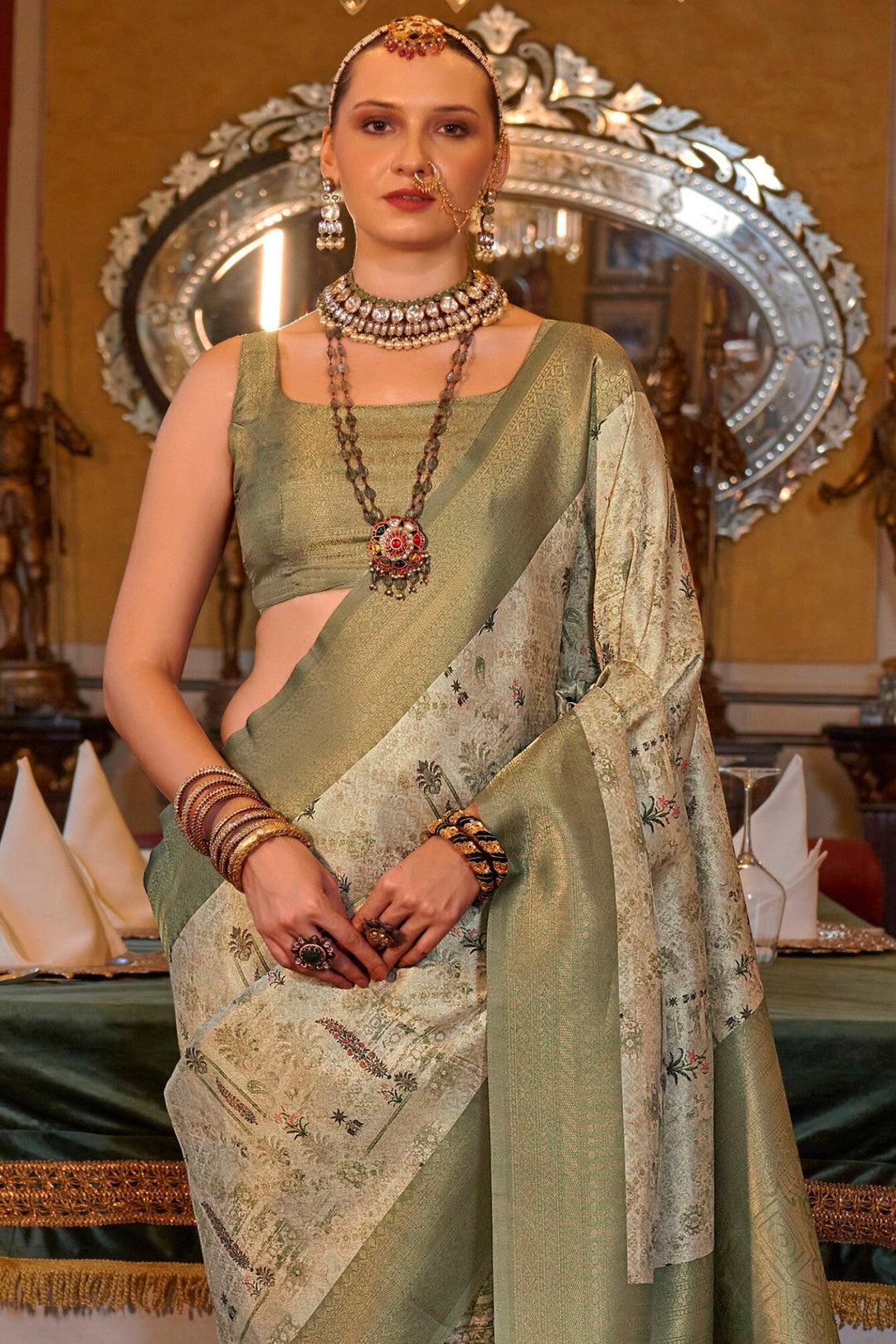 Mahendi Green And Cream Digital Printed Silk Saree