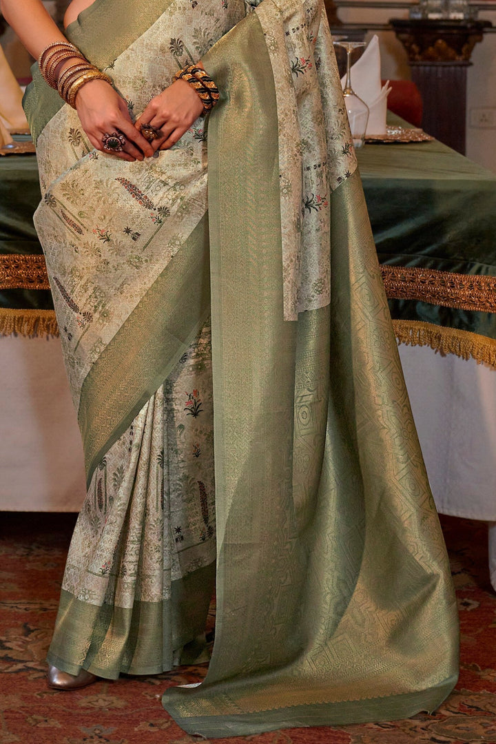 Mahendi Green And Cream Digital Printed Silk Saree