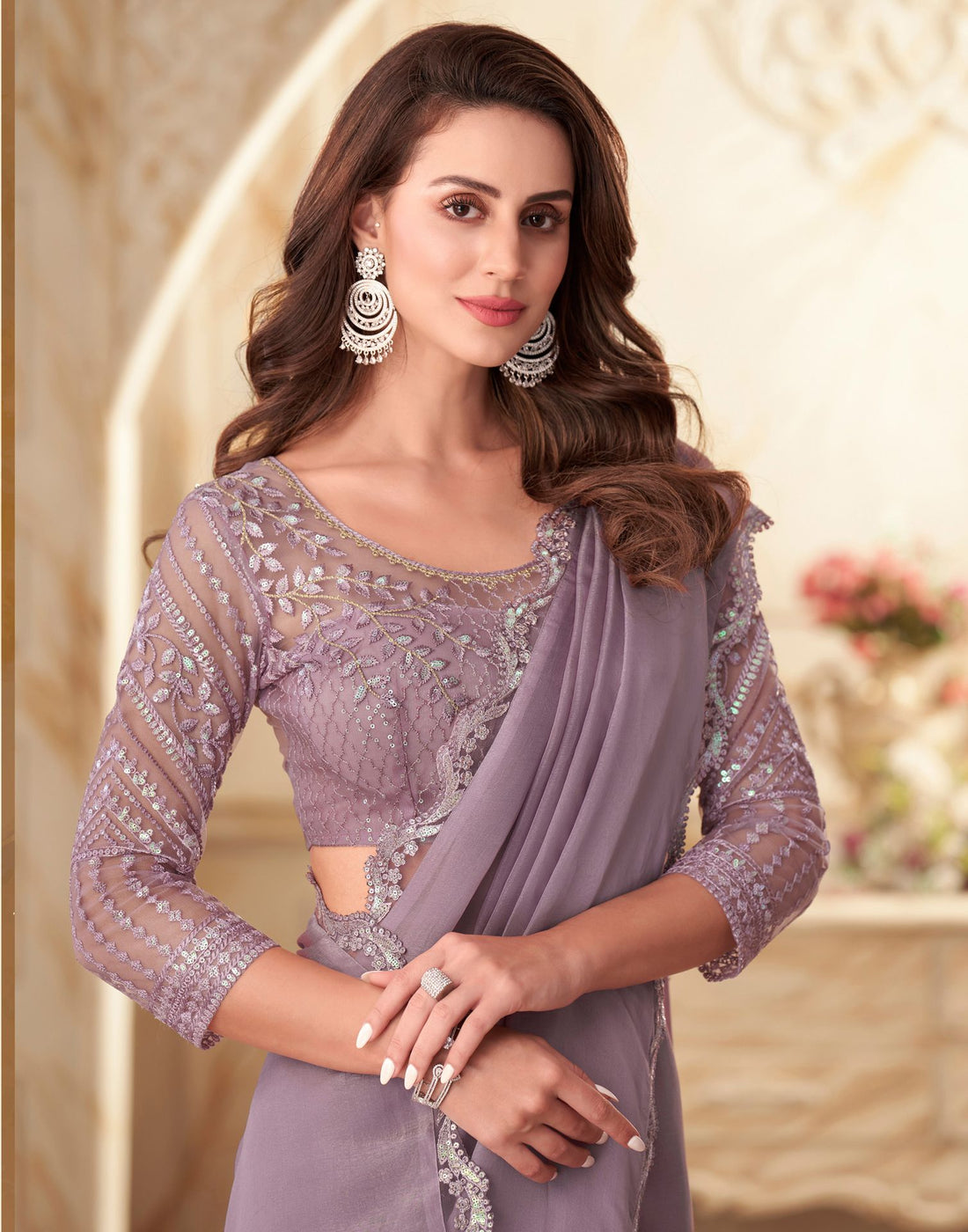 Beautiful Lavender Satin Designer Saree