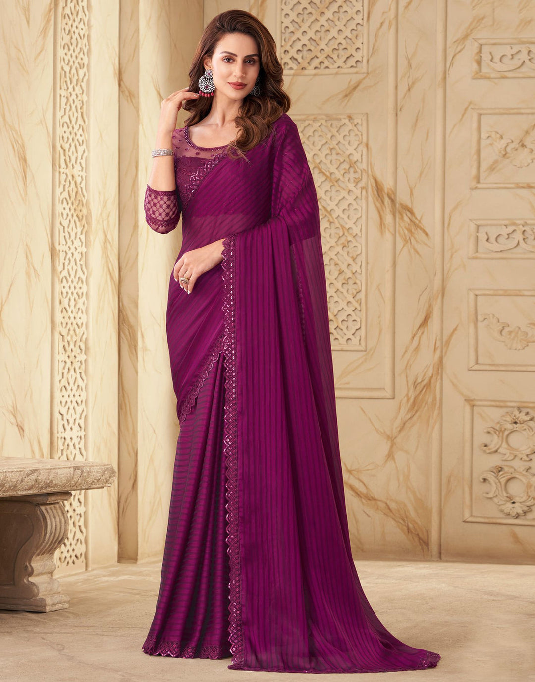Wine Georgette Designer Fancy Silk Saree With Embroidered Blouse