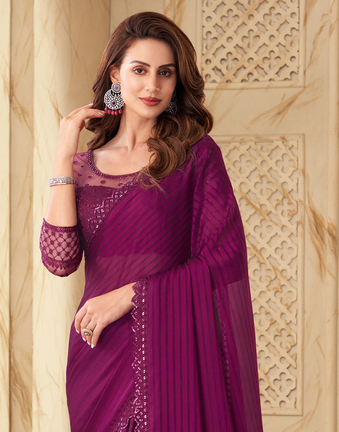 Wine georgette saree with blouse 2311