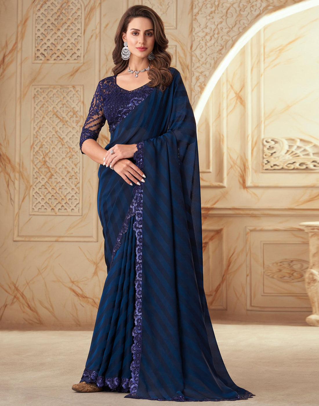 Blue Georgette Designer Fancy Silk Saree With Embroidered Blouse – Rushini