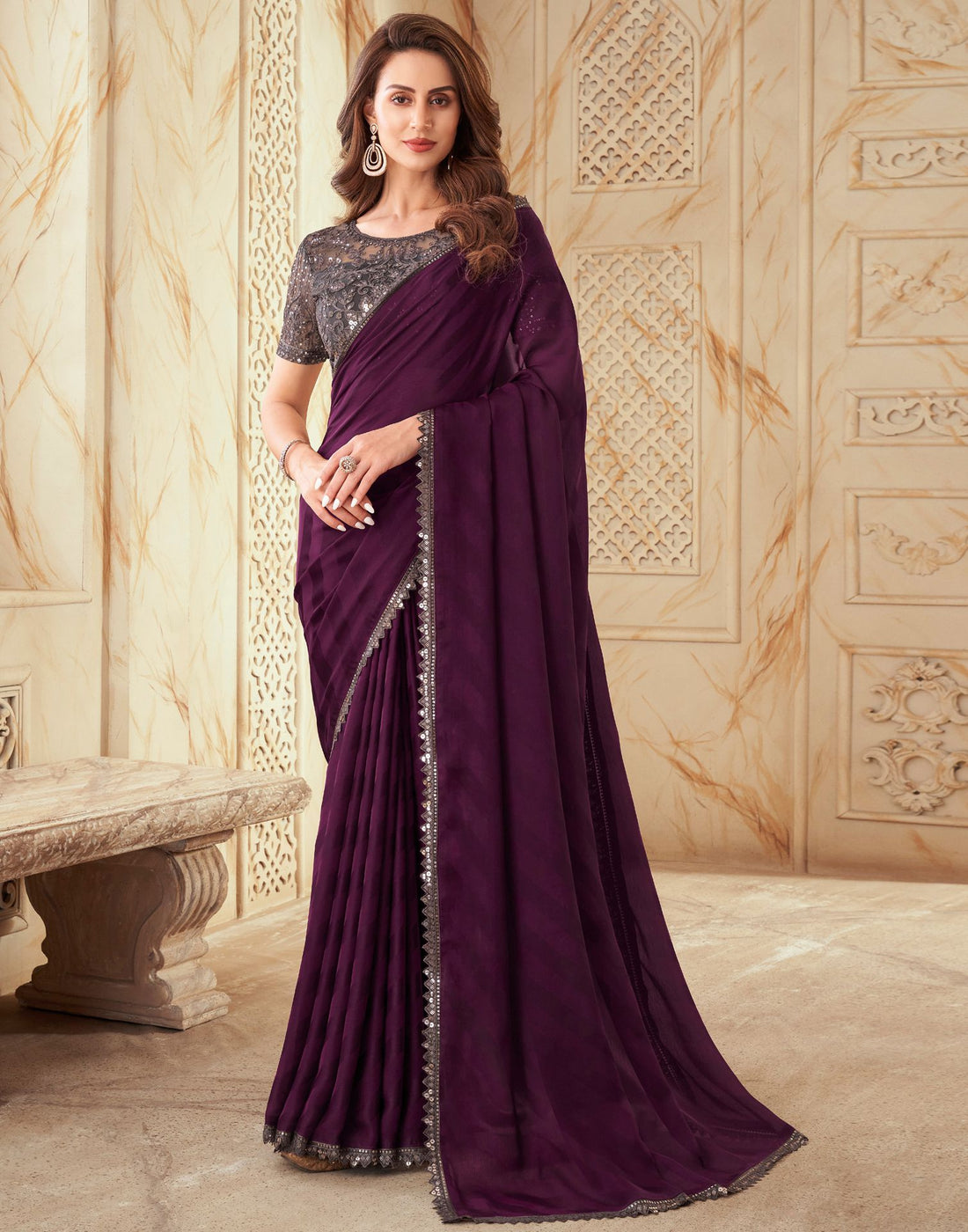 Palpable Purple Saree With Designer Blouse Piece – TrendOye