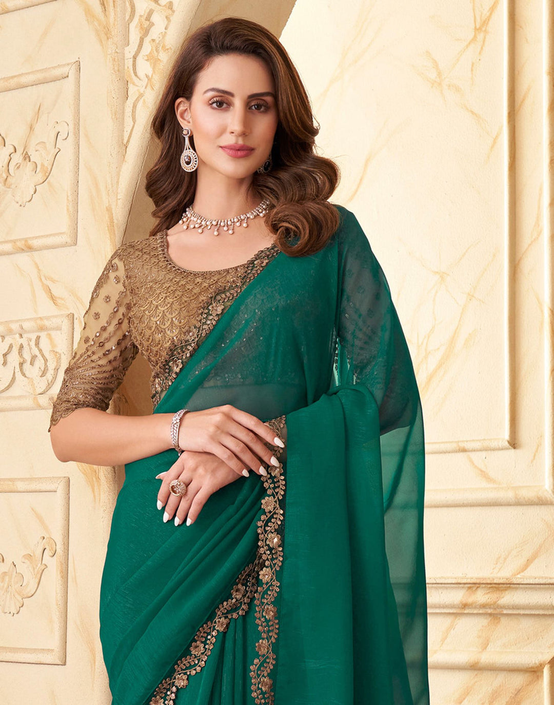 Green Georgette Designer Fancy Silk Saree With Embroidered Blouse