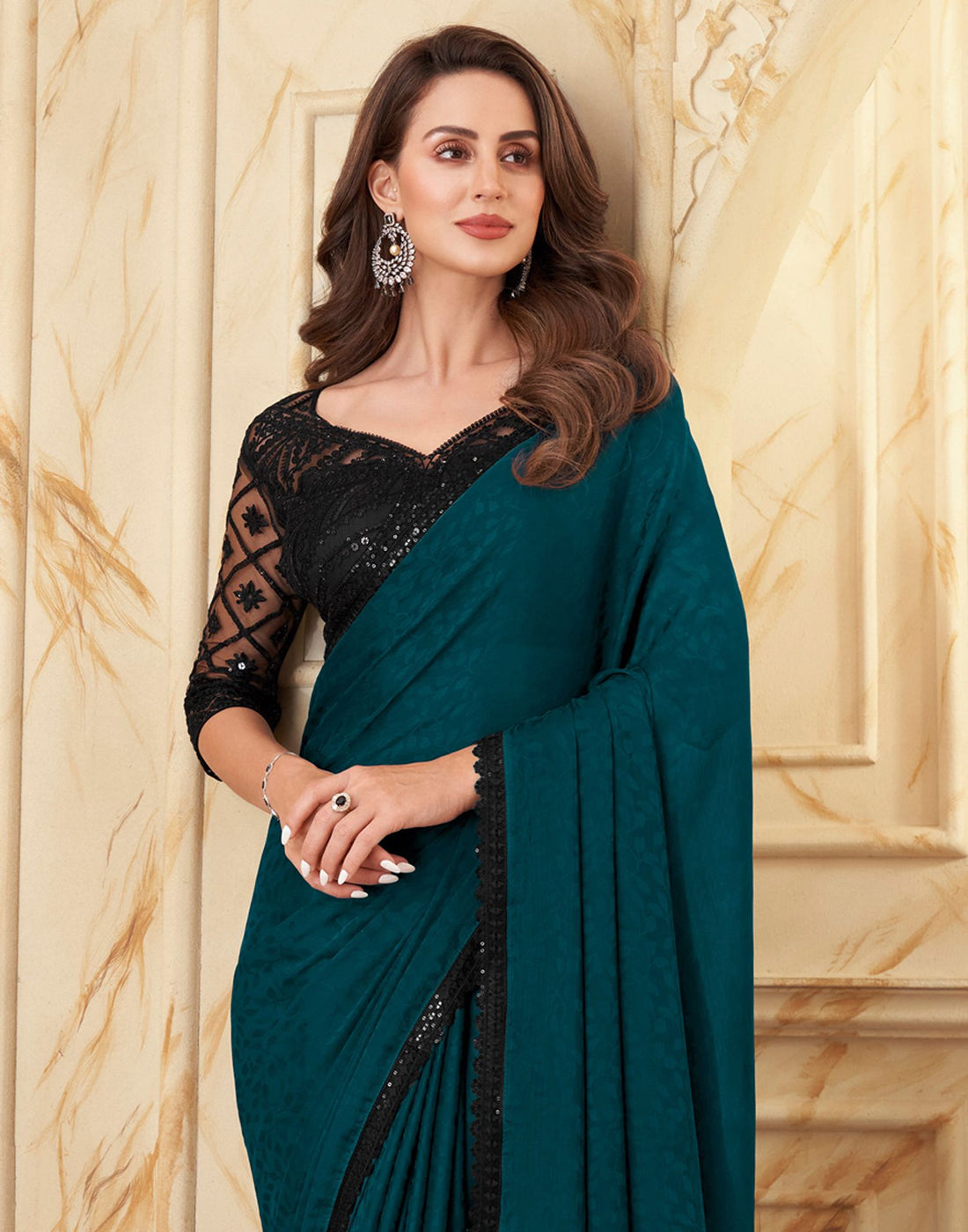 Turquoise Chiffon Saree With Contrast Blouse | Party wear sarees online,  Saree designs, Party wear sarees