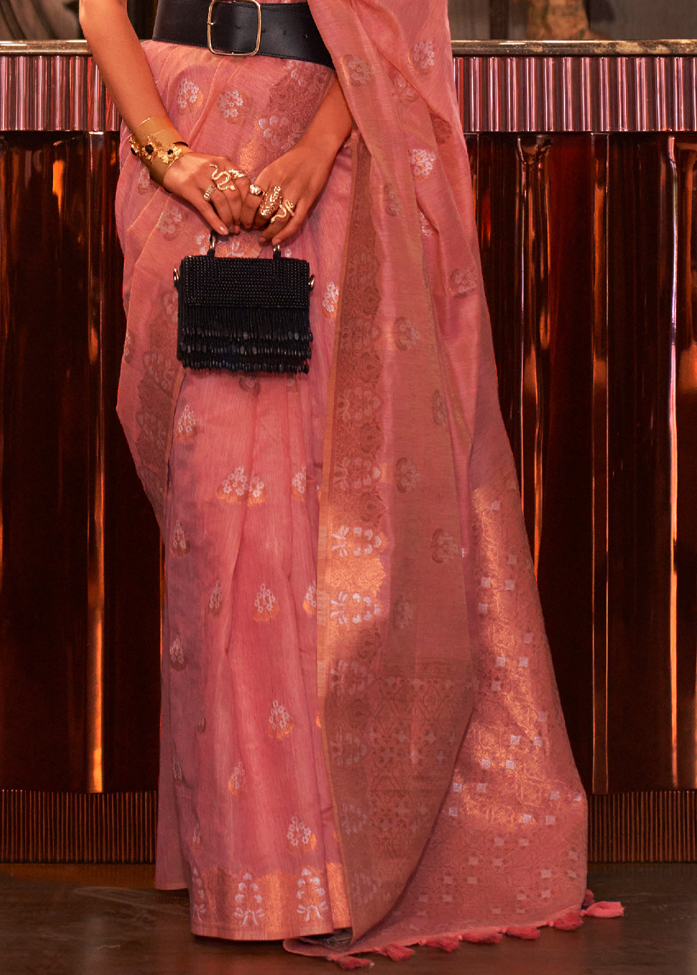 Lilac Pink Bronze Woven Linen Saree