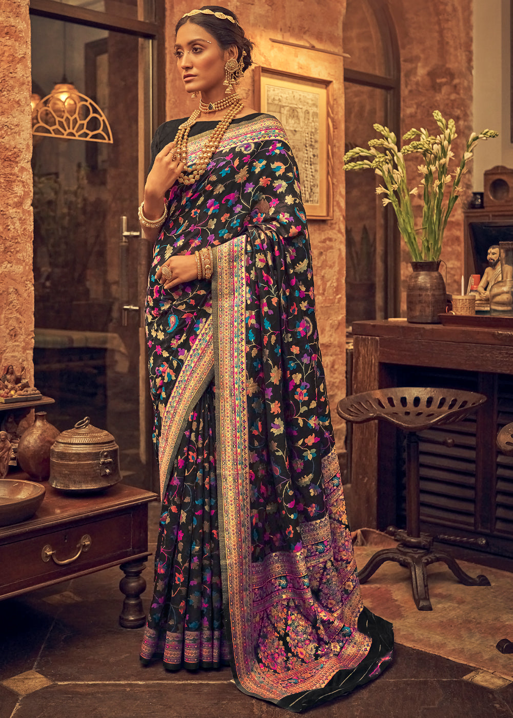 Royal Black Kashmiri Woven Banarasi Saree