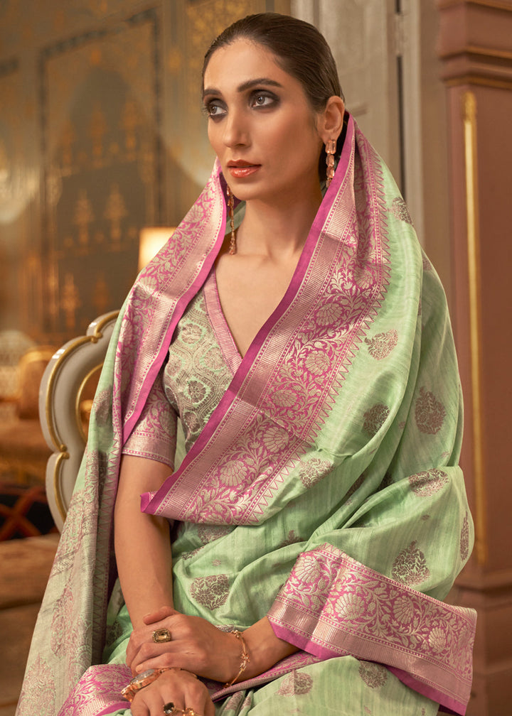 Garden Green Woven Tussar Silk Saree