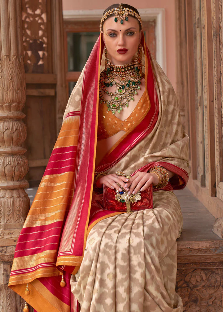 Royal Beige And Orange Designer Patola Saree