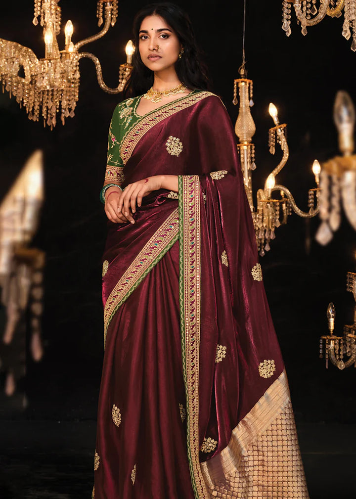 Festive Maroon Heavy Embroidery Designer Saree