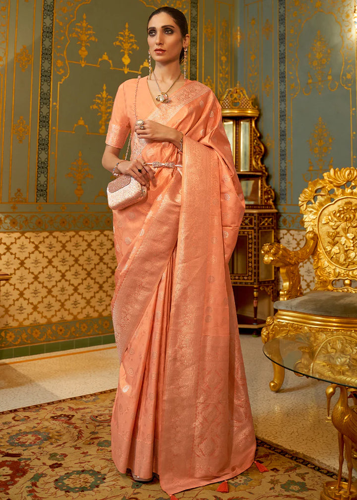 Pearl Orange Woven Banarasi Silk Saree With Blouse