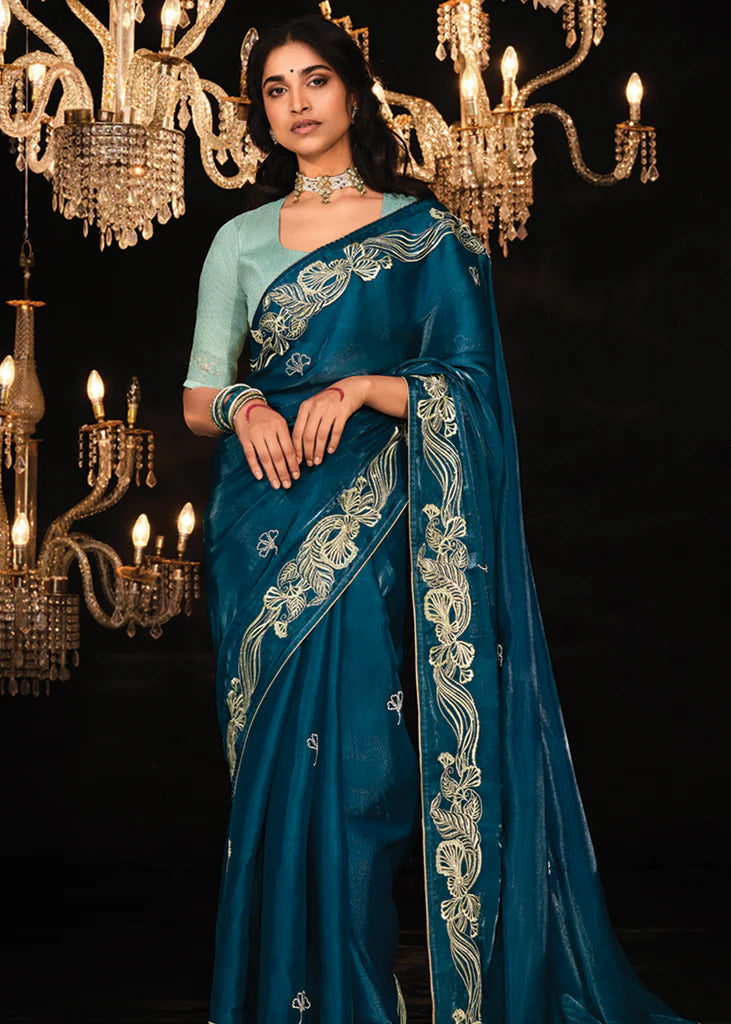 Coral Blue Heavy Embroidery Designer Saree