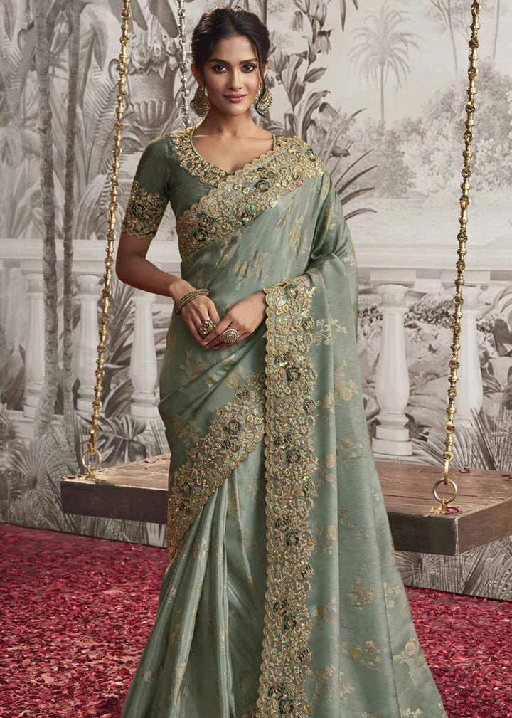 Meenakari Green Heavy Embroidery Designer Saree