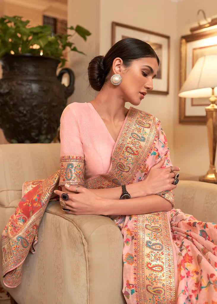 Multi Color Floral Peach Woven Kashmiri Saree