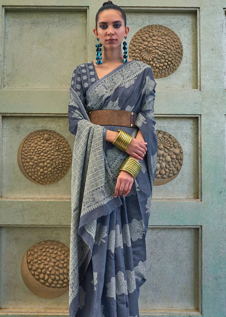 Saree Mall Grey & Blue Woven Saree With Unstitched Blouse