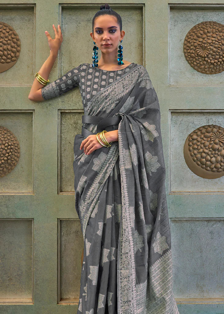 Charcoal Grey Woven Lucknowi Chikankari Silk Saree