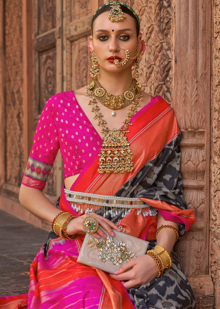 Get this Grey rawsilk blouse and onion pink saree to look gorgeous