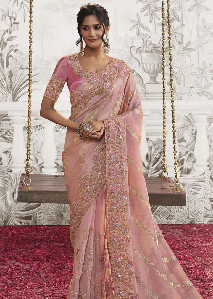 Light Pink Heavy Embroidery Designer Saree