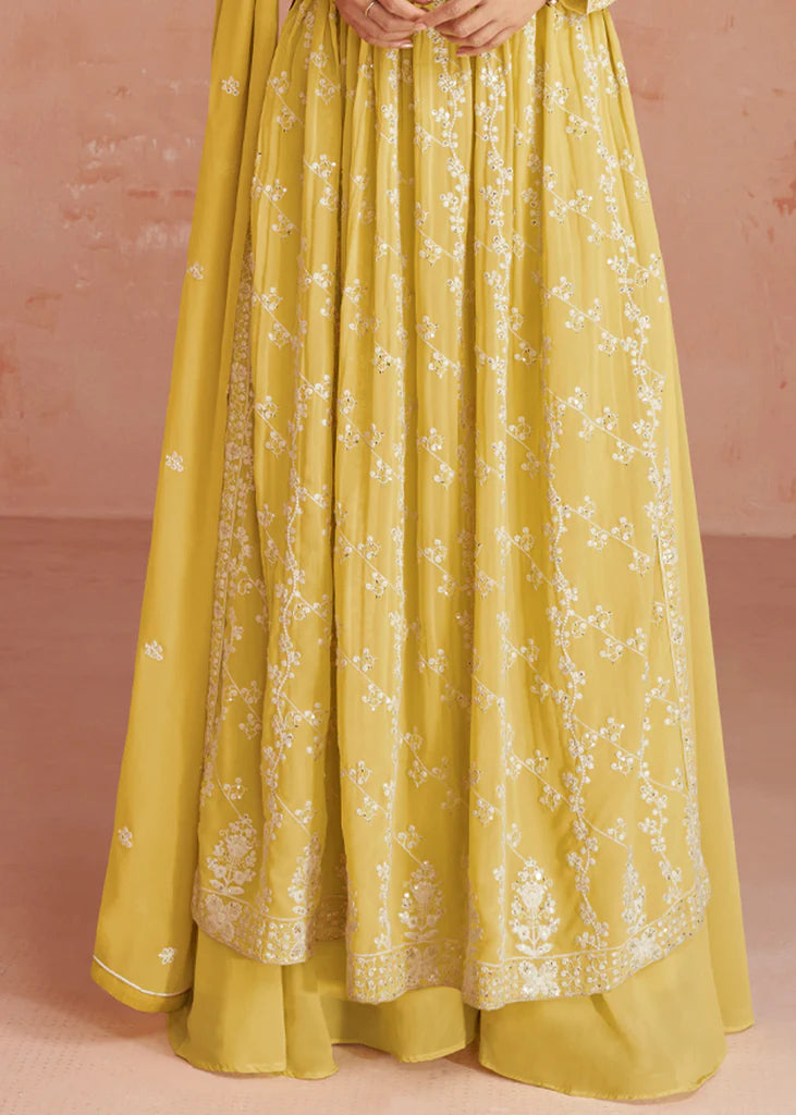 Lime Yellow  Designer Embroidery Georgette Dress