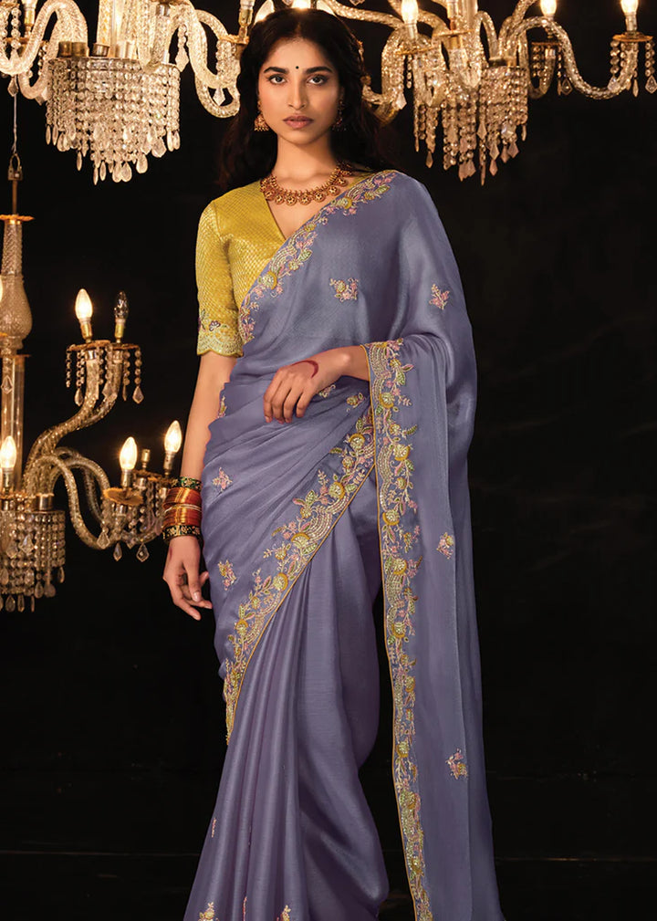 Parsian Blue And Yellow Heavy Embroidery Designer Saree