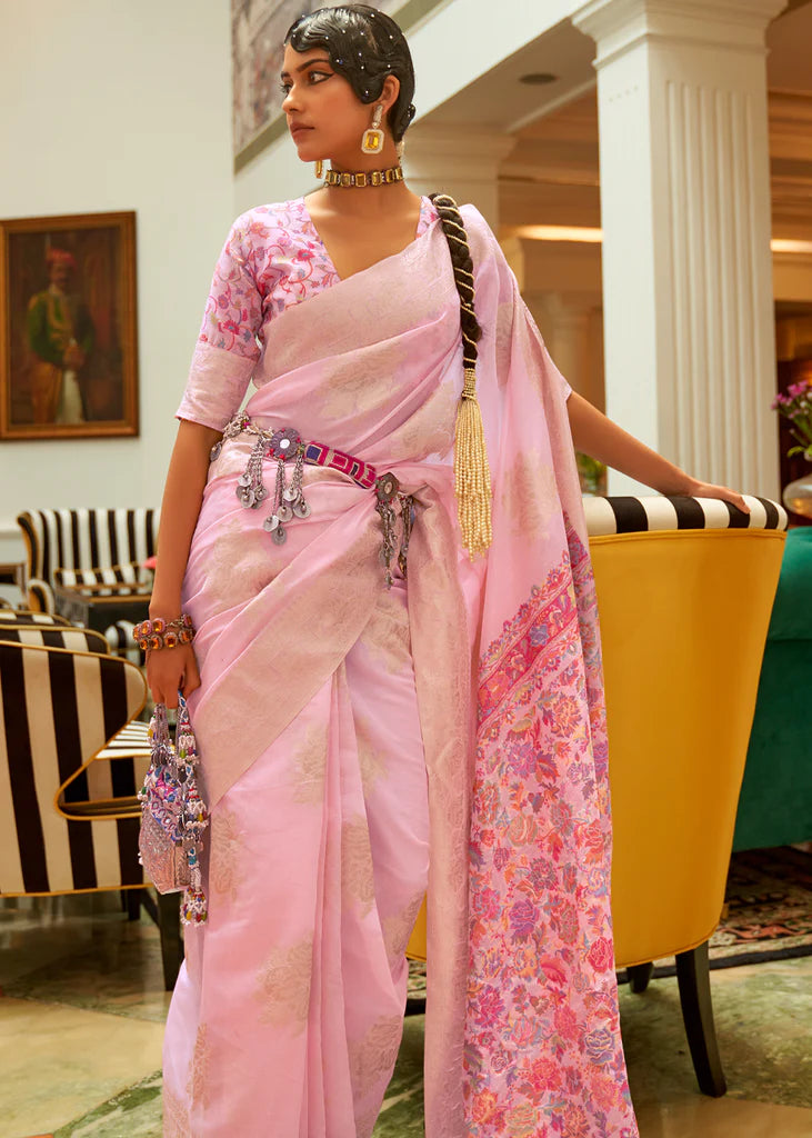 Rose Pink Woven Kashmiri Saree And Blouse