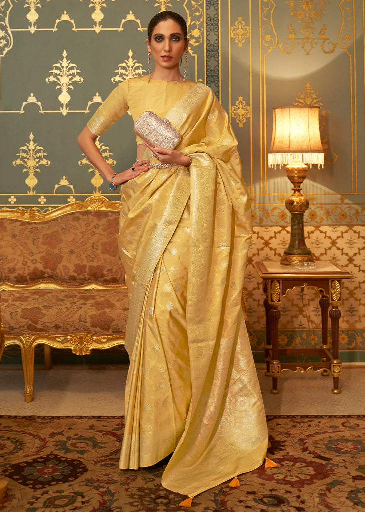 Lemon Yellow Woven Banarasi Silk Saree With Blouse