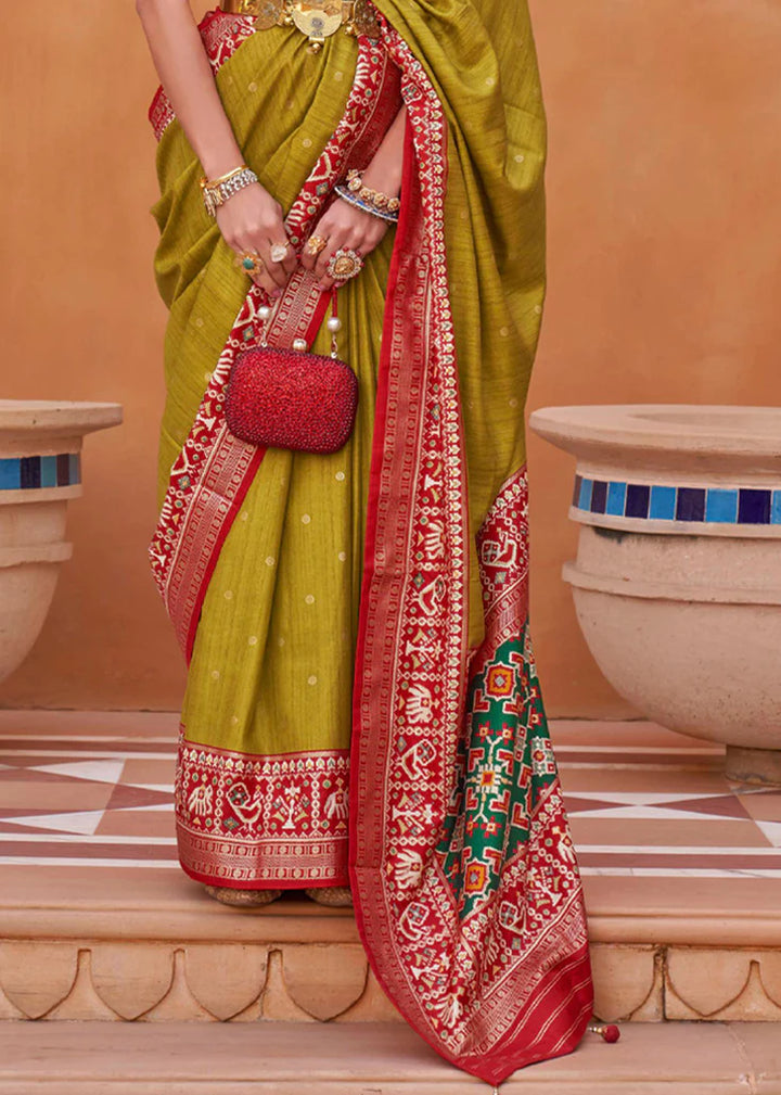 Mustard Yellow And Red Designer Patola Saree