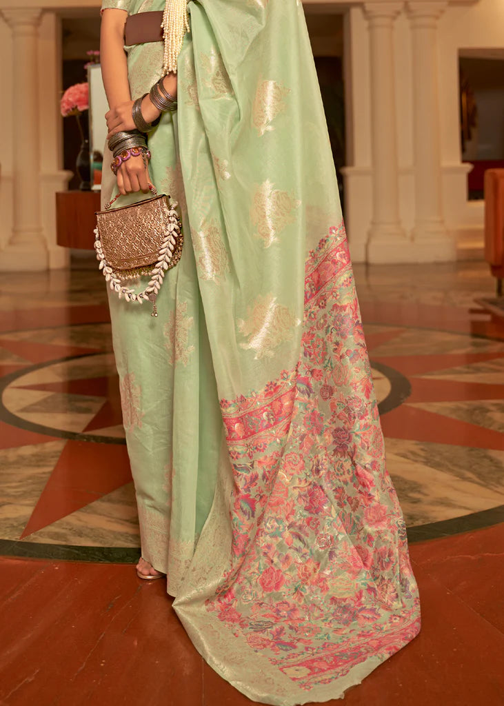 Light Green Woven Kashmiri Saree And Blouse