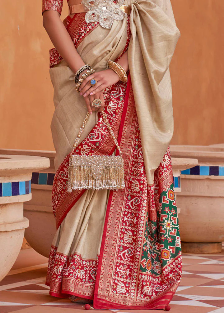 Beige And Red Designer Patola Saree