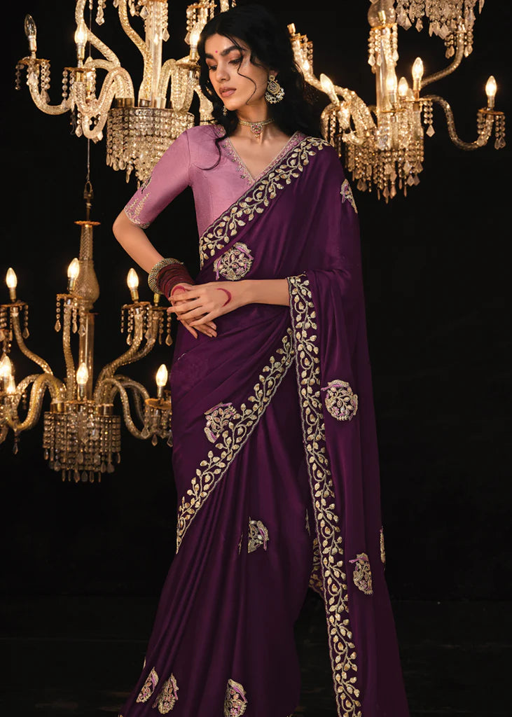 Rich Purple Tissue Embroidery Designer Saree