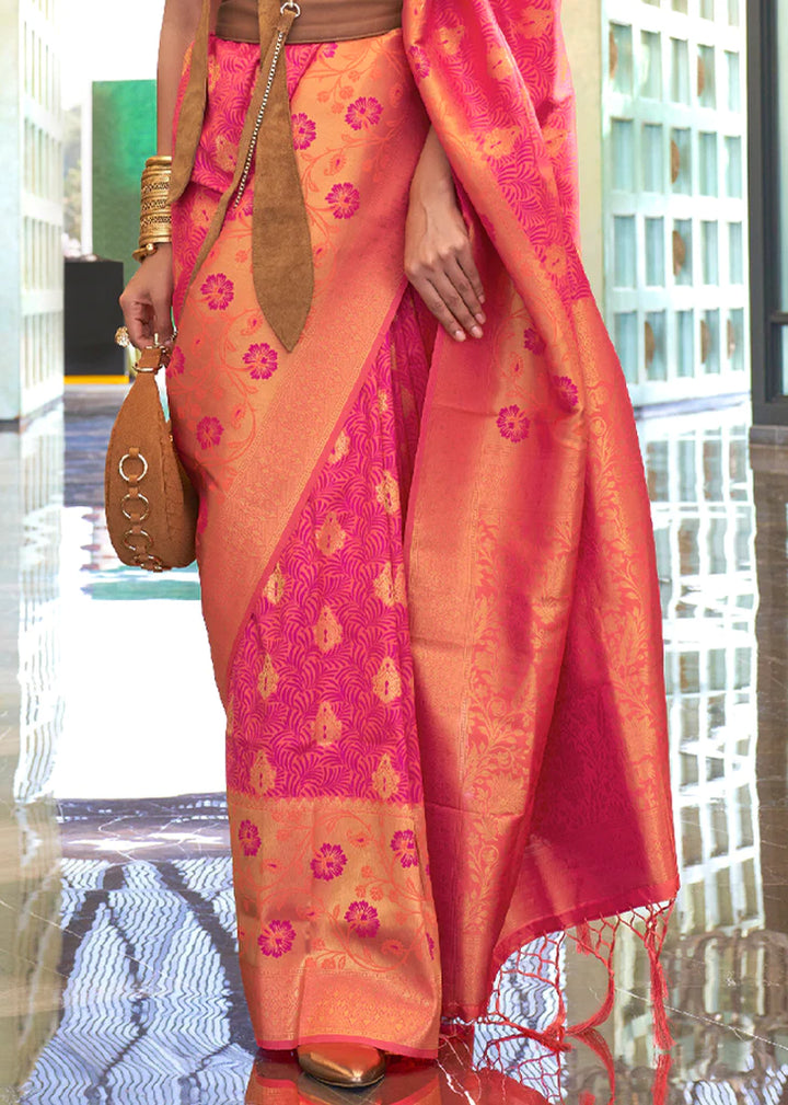 Hot Pink And Orange Handloom Woven Silk Saree