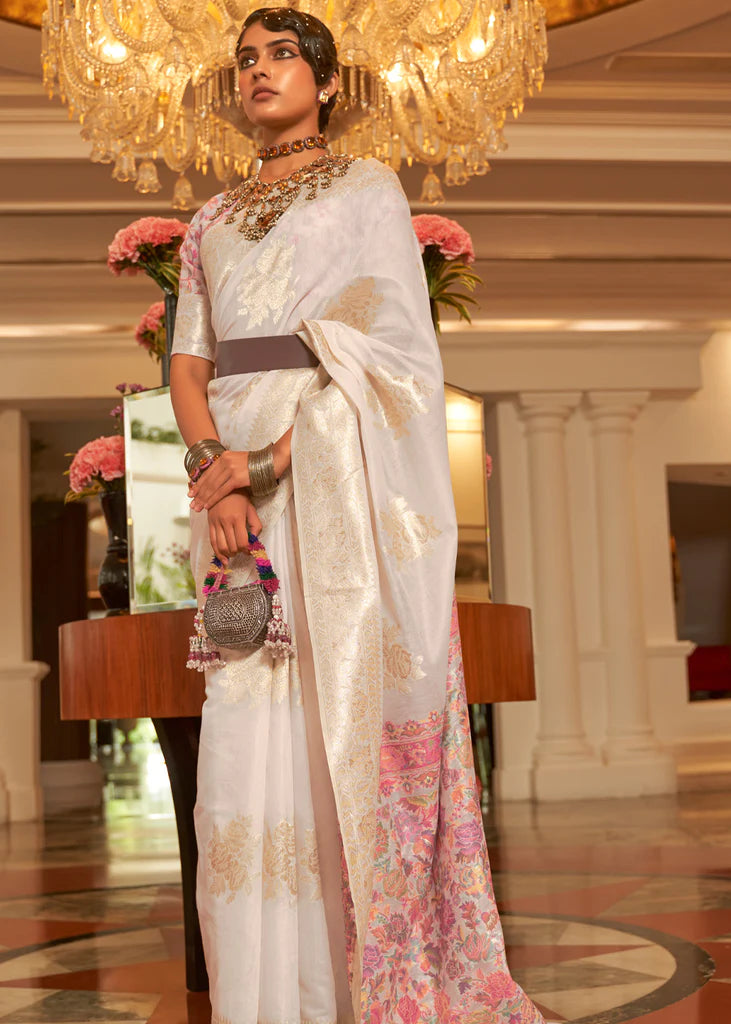 Pearl White Woven Kashmiri Saree And Blouse