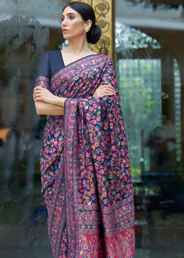 Navy Blue Kashmiri Cotton Woven Banarasi Saree