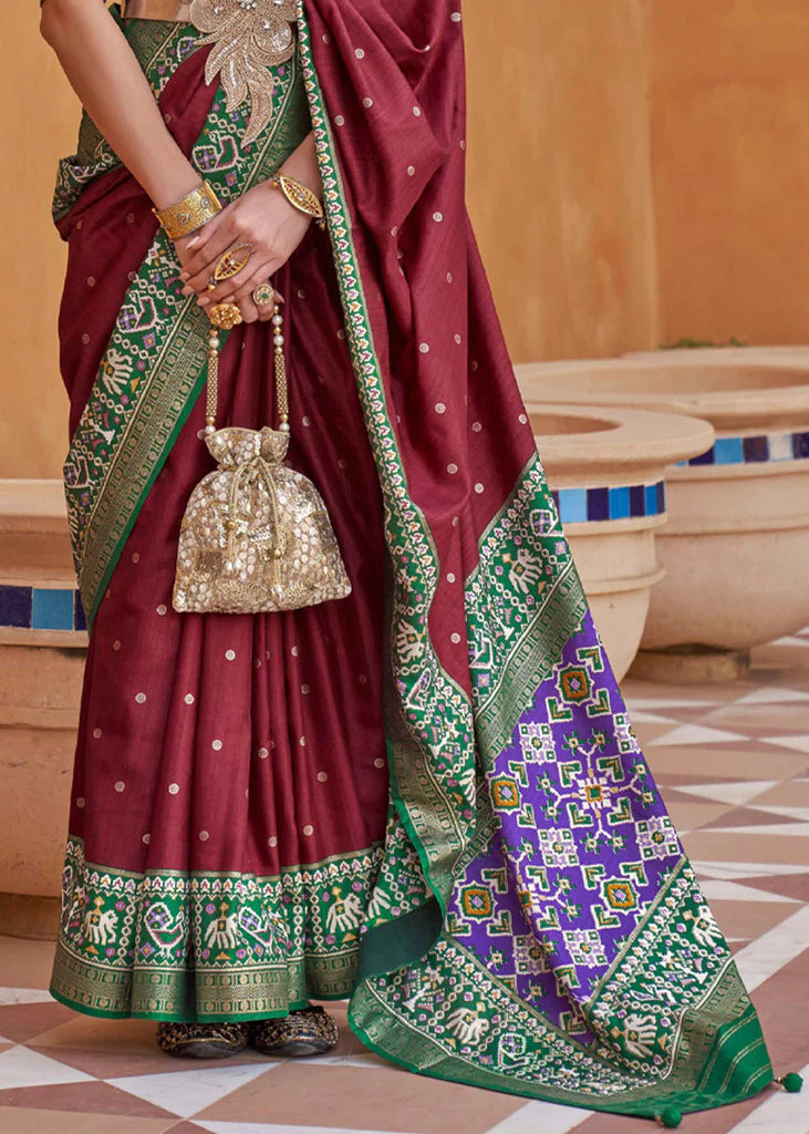 Dark Maroon And Green Designer Patola Saree