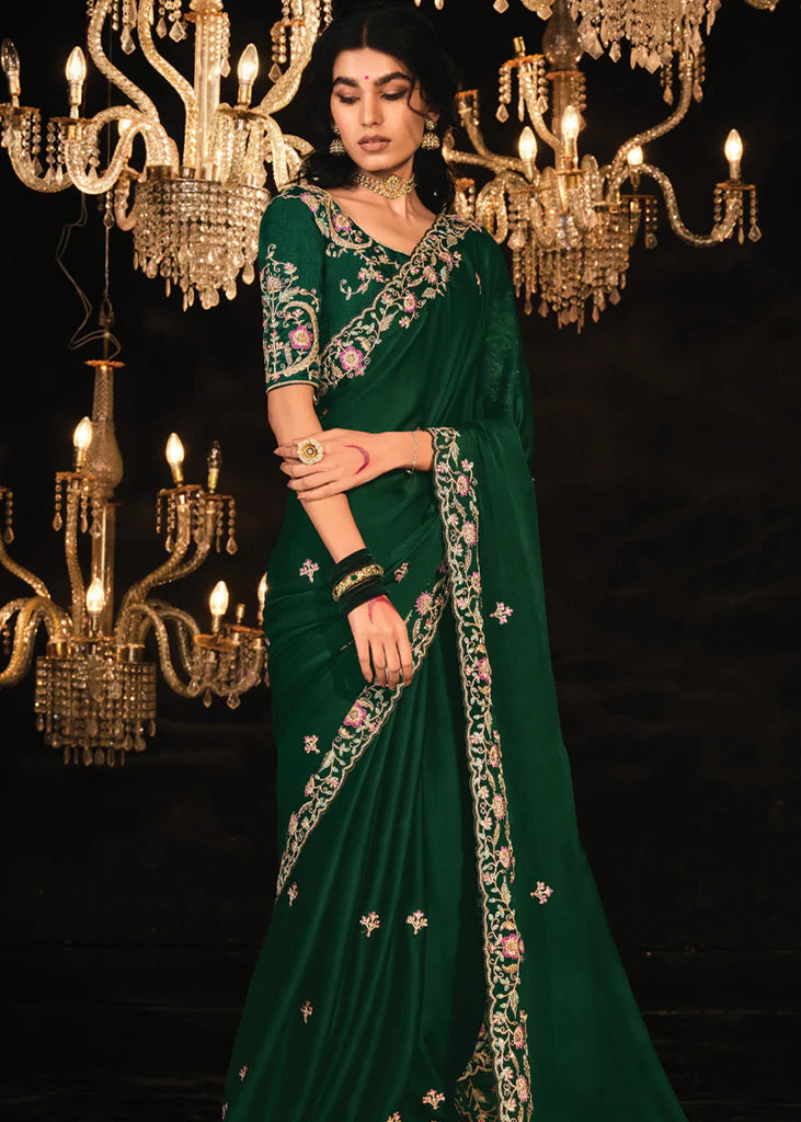 Forest Green Heavy Embroidery Designer Saree