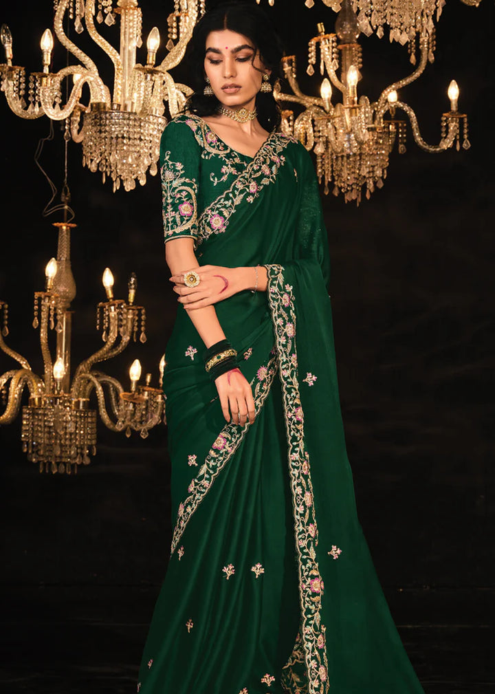 Forest Green Heavy Embroidery Designer Saree