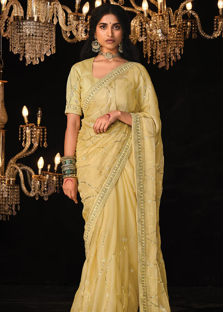 Delight Yellow Heavy Embroidery Designer Saree