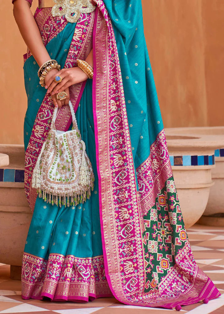 Sky Blue And Pink Designer Patola Saree