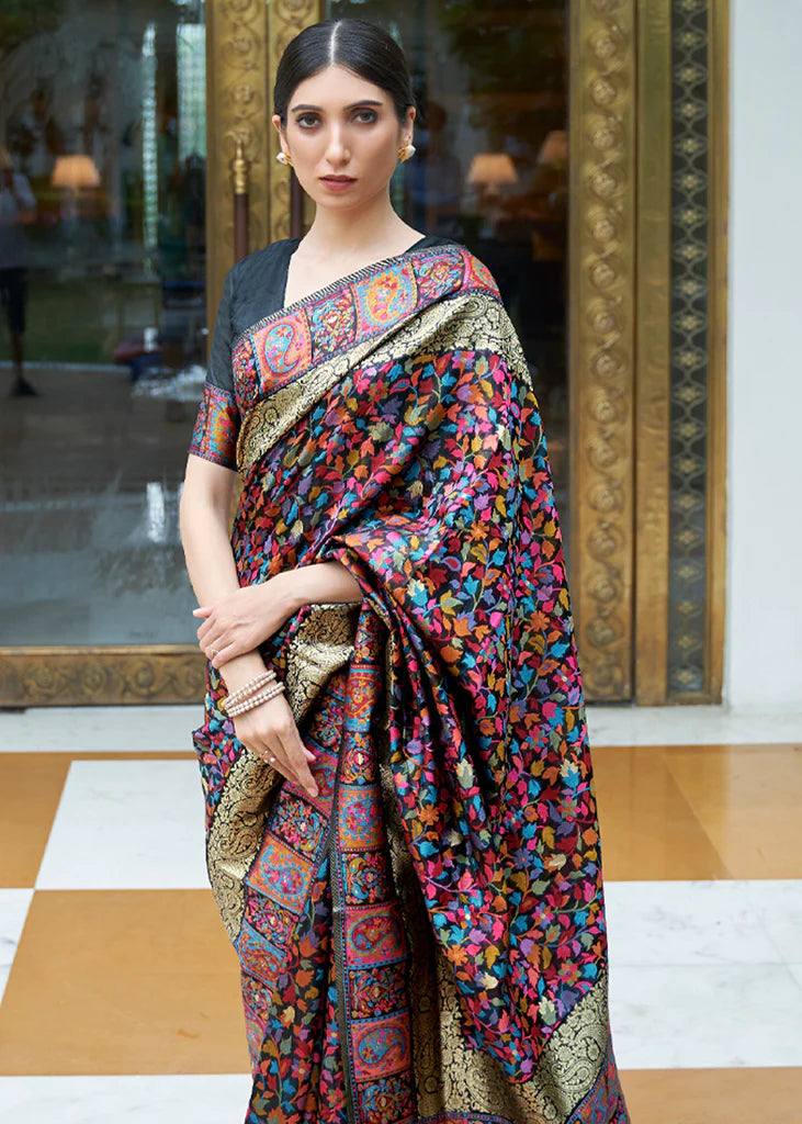 Royal Black Kashmiri Cotton Woven Banarasi Saree