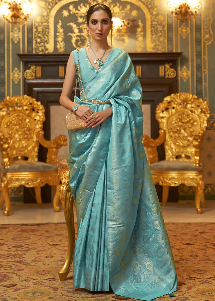 Palace Blue Woven Banarasi Silk Saree With Blouse