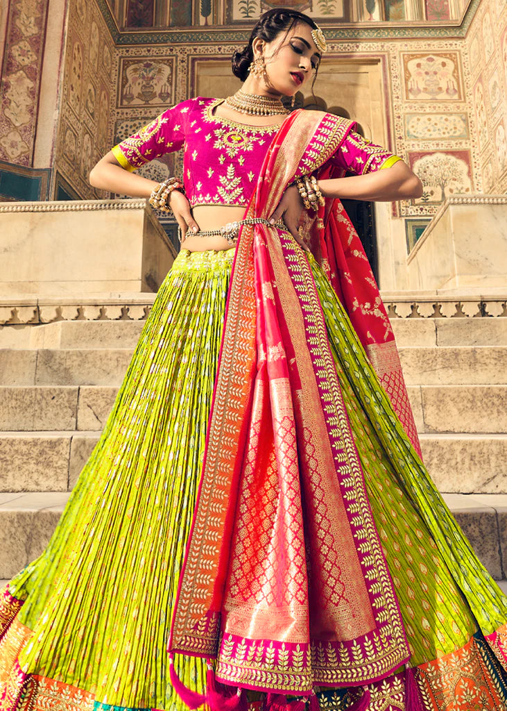 Gorgeous Parrot Green And Pink Banarasi Designer Embroidery Lehengas Rushini Gorgeous Parrot Green And Pink Banarasi Designer Embroidery Lehengas Rushini