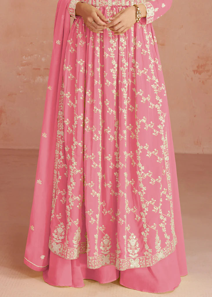 Sweet Pink Designer Embroidery Georgette Dress