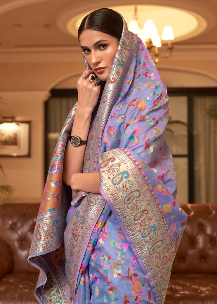 Multi Color Lovender Woven Kashmiri Saree