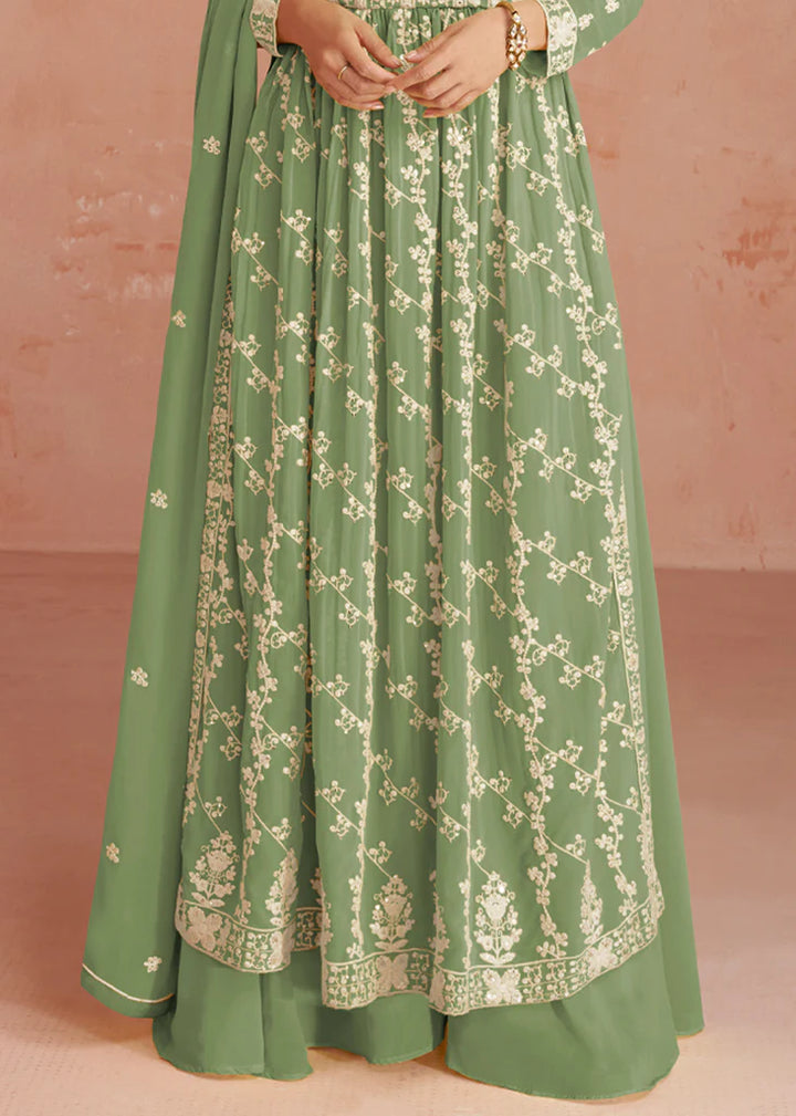 Dusky Green Designer Embroidery Georgette Dress